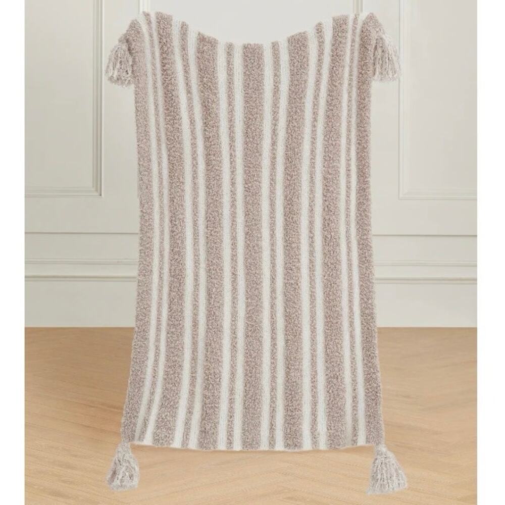 Styled Collection Latte Mushroom Taupe 3D Stripes Tassel Stroller Blanket NEW
